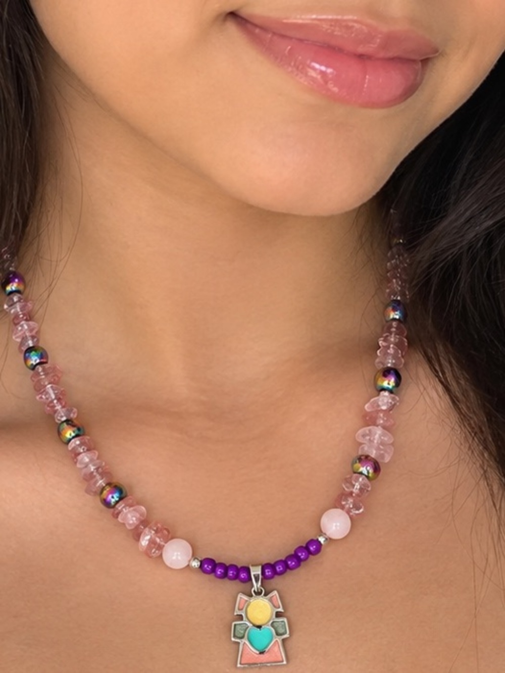 Colorful Pink Beaded Pendant Necklace - Unbranded-pink Quartz